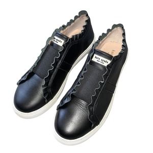 6 Kate Spade Lance Black Leather Slip On Elastic Stretch Low Top Ruffle Sneakers